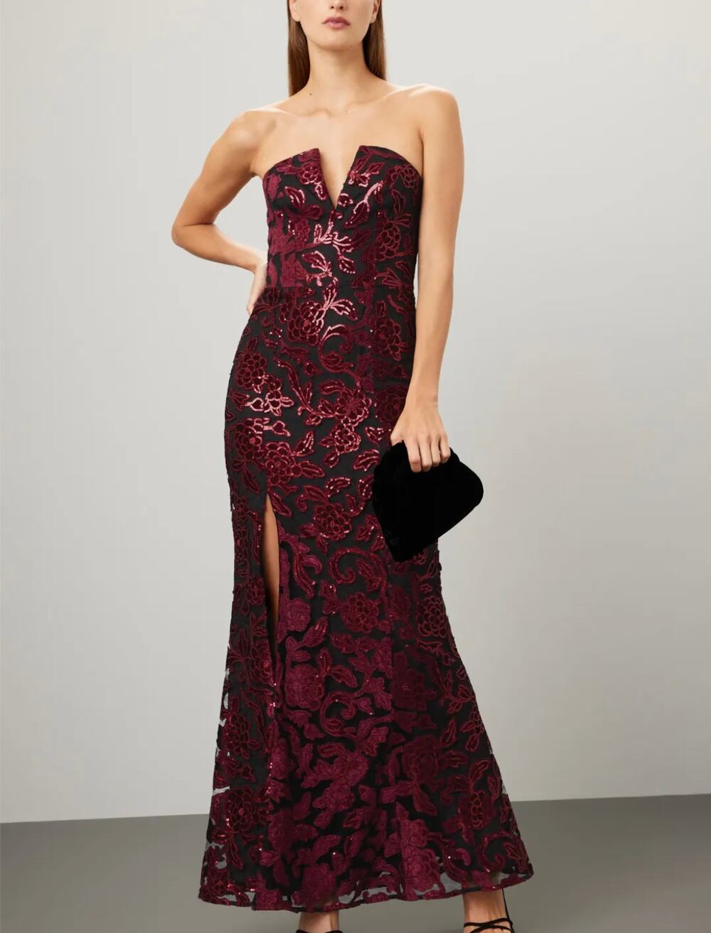 Dress the Population Black Sequin Gown XS Bustier Strapless Velvet Designer $400